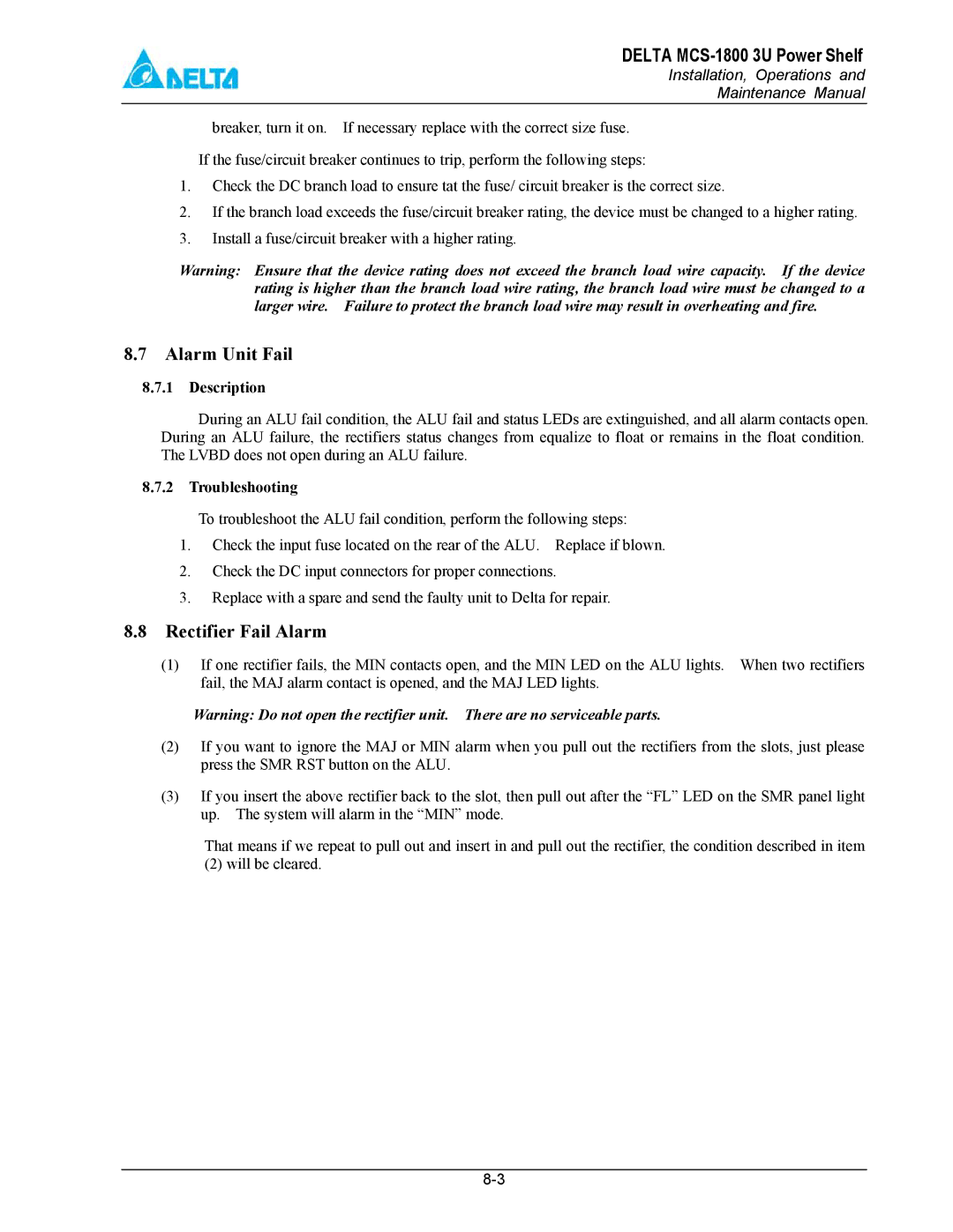 Delta MCS-1800 manual Alarm Unit Fail, Rectifier Fail Alarm 