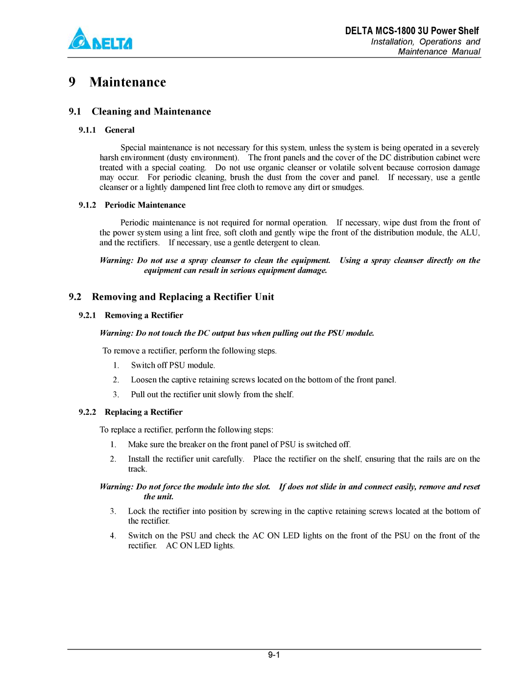 Delta MCS-1800 manual Cleaning and Maintenance, Removing and Replacing a Rectifier Unit 