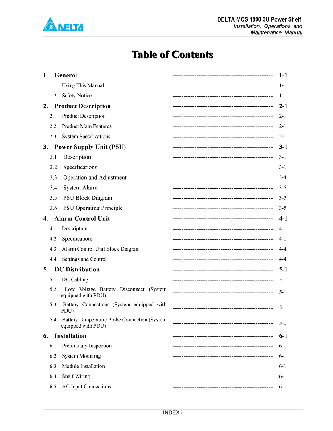 Delta MCS-1800 manual Table of Contents 