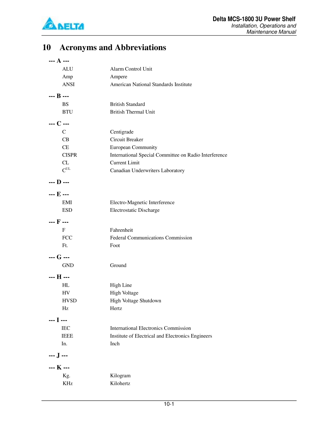 Delta MCS-1800 manual Acronyms and Abbreviations, Cispr 