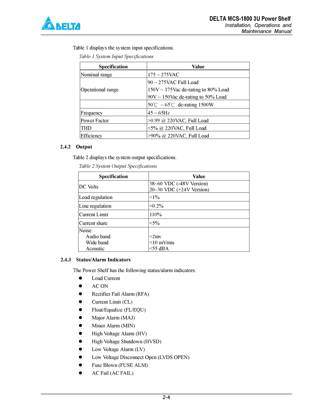 Delta MCS-1800 manual Output, Status/Alarm Indicators 