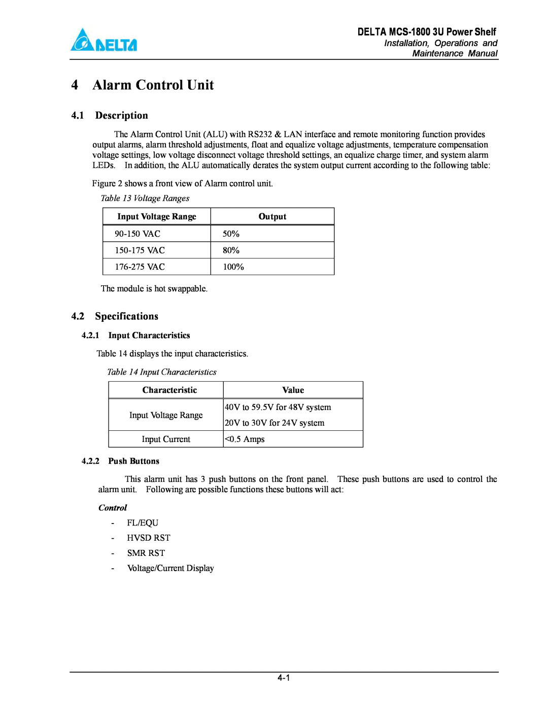 Delta manual Alarm Control Unit, DELTA MCS-1800 3U Power Shelf, Description, Specifications, Voltage Ranges 