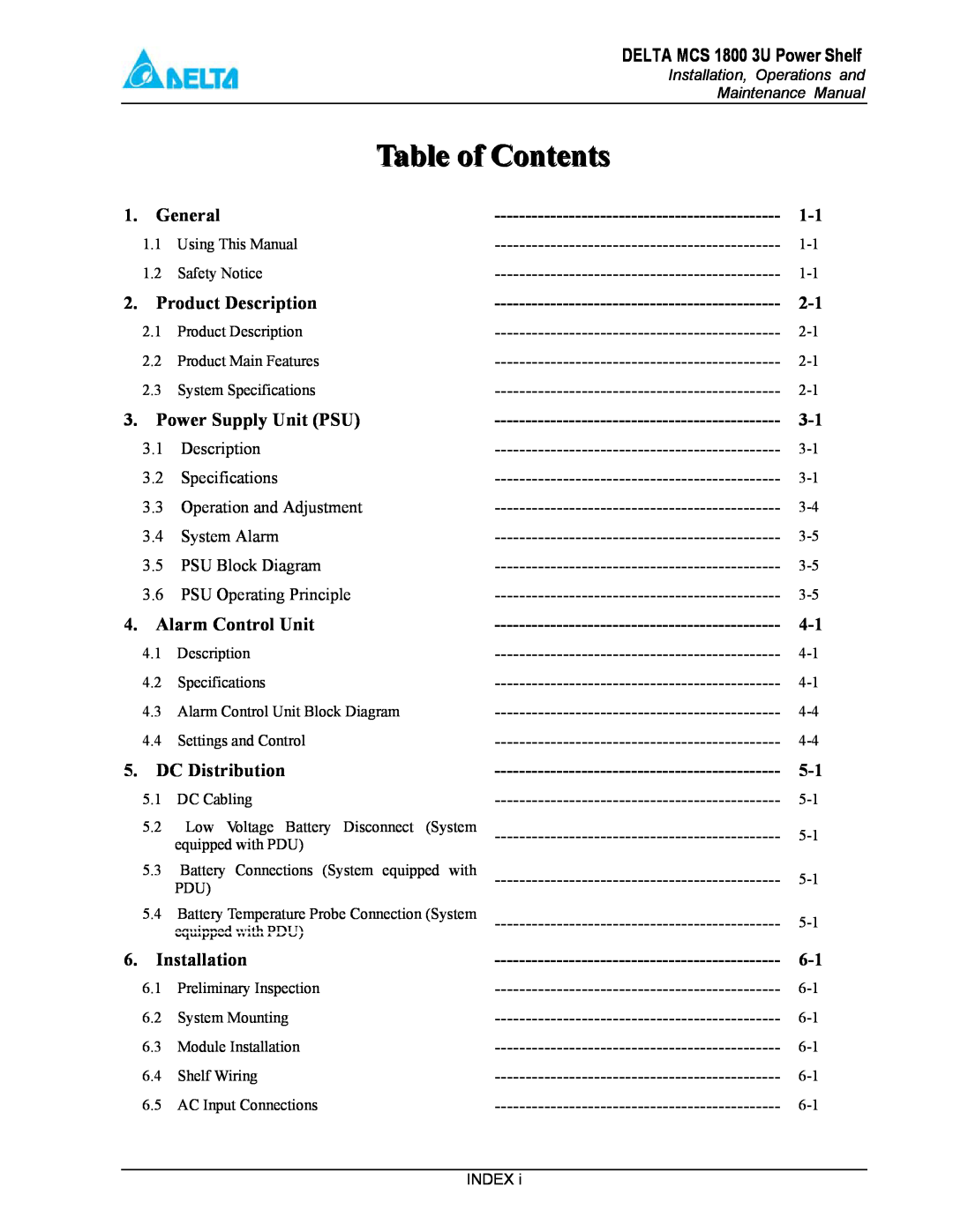 Delta MCS-1800 manual Table of Contents, DELTA MCS 1800 3U Power Shelf, General, Product Description, Power Supply Unit PSU 