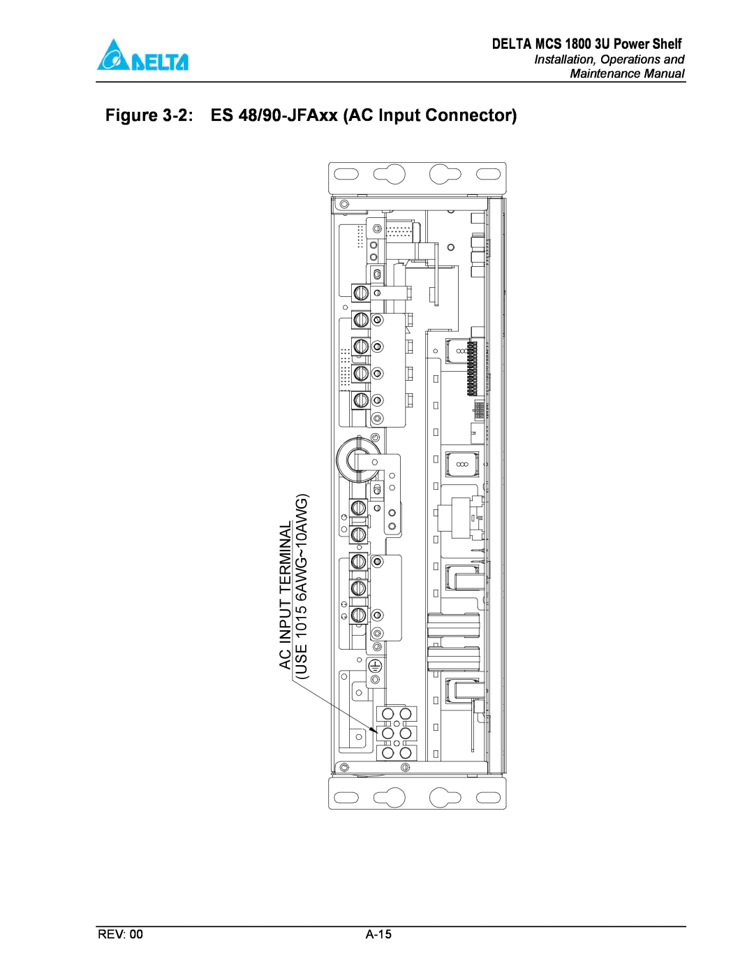 Delta MCS-1800 2 ES 48/90-JFAxx AC Input Connector, DELTA MCS 1800 3U Power Shelf, AC INPUT TERMINAL USE 1015 6AWG~10AWG 