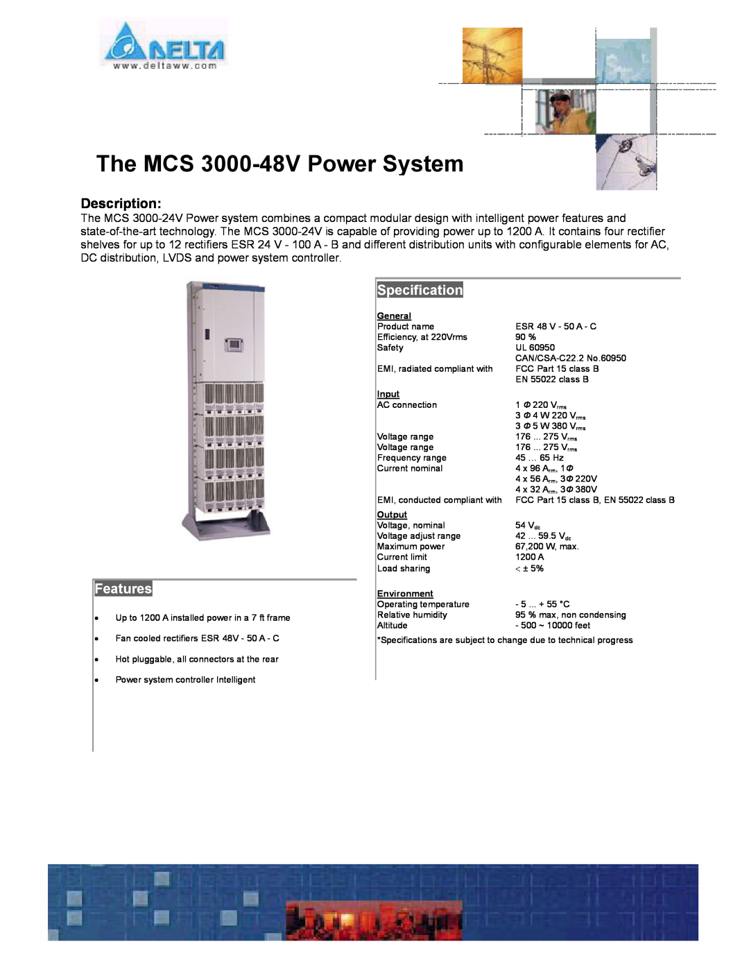 Delta manual The MCS 3000-48V Power System, Description, Features, Specification, General, Input, Output, Environment 