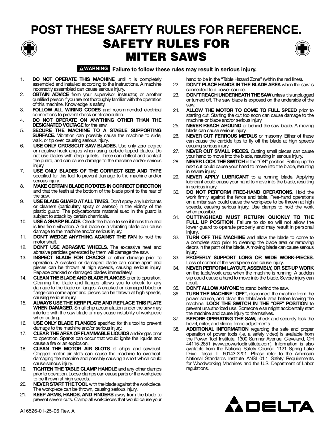 Delta manual Post These Safety Rules for Reference, Safety Rules for Miter Saws 