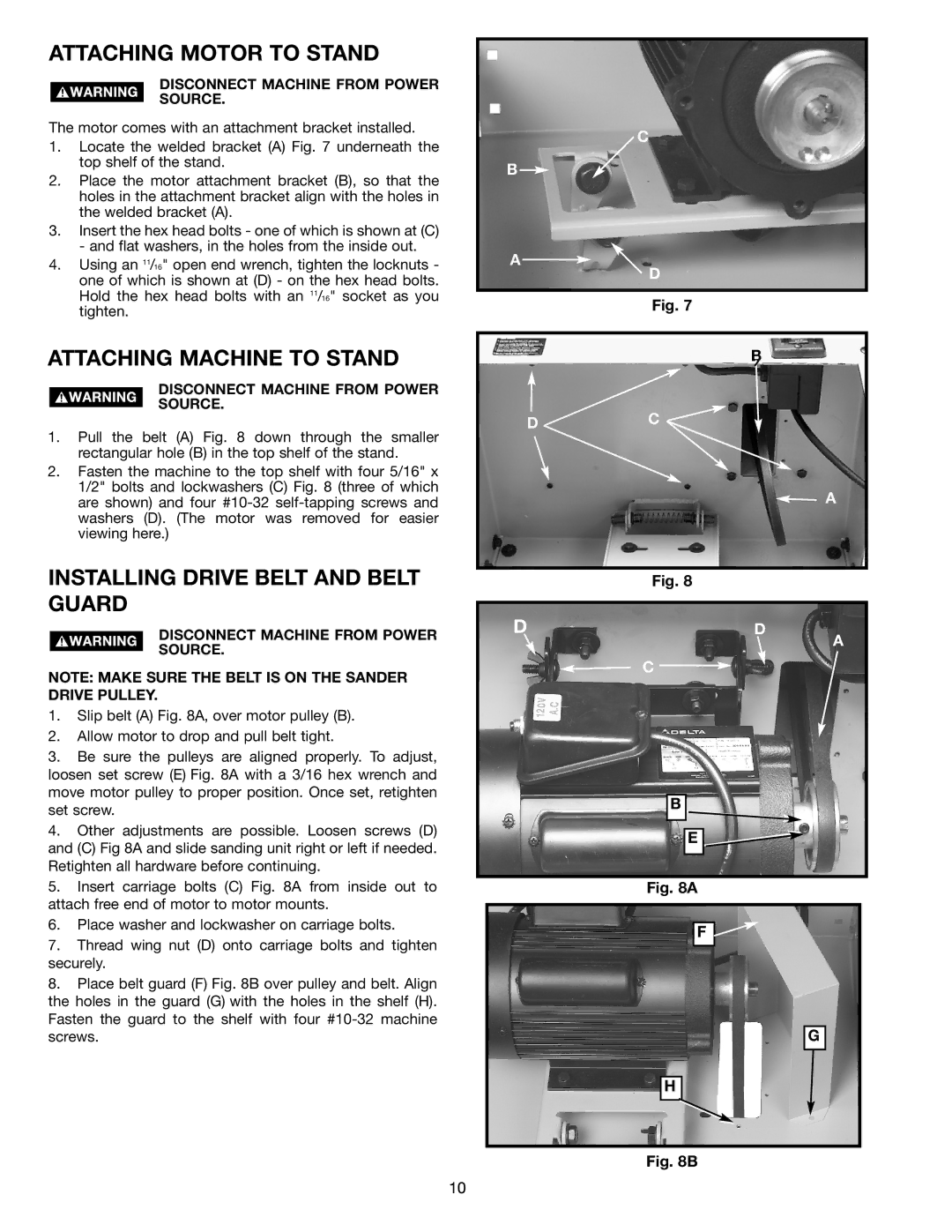 Delta (Model 31-300) Attaching Motor to Stand, Attaching Machine to Stand, Installing Drive Belt and Belt Guard 