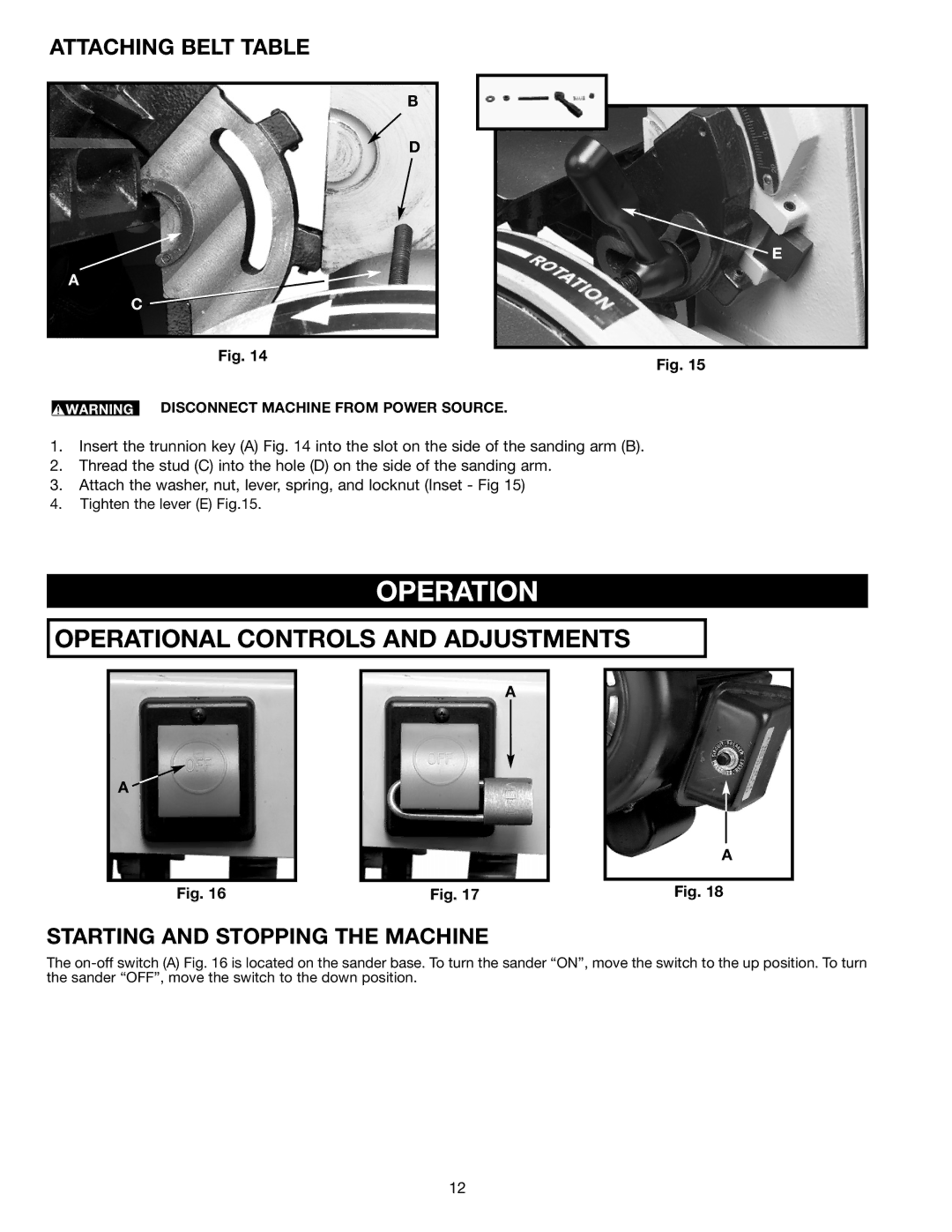 Delta (Model 31-300) instruction manual Operation, Attaching Belt Table, Starting and Stopping the Machine 