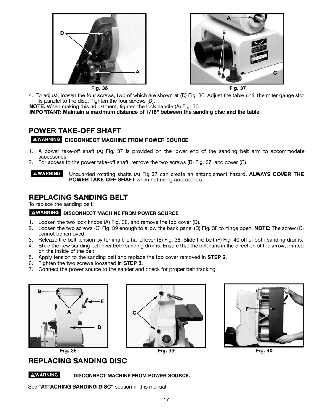 Delta (Model 31-300) instruction manual Power TAKE-OFF Shaft, Replacing Sanding Belt, Replacing Sanding Disc 