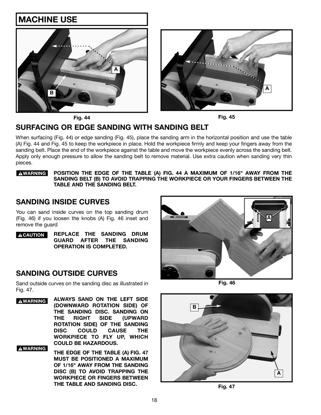 Delta (Model 31-300) Surfacing or Edge Sanding with Sanding Belt, Sanding Inside Curves, Sanding Outside Curves 