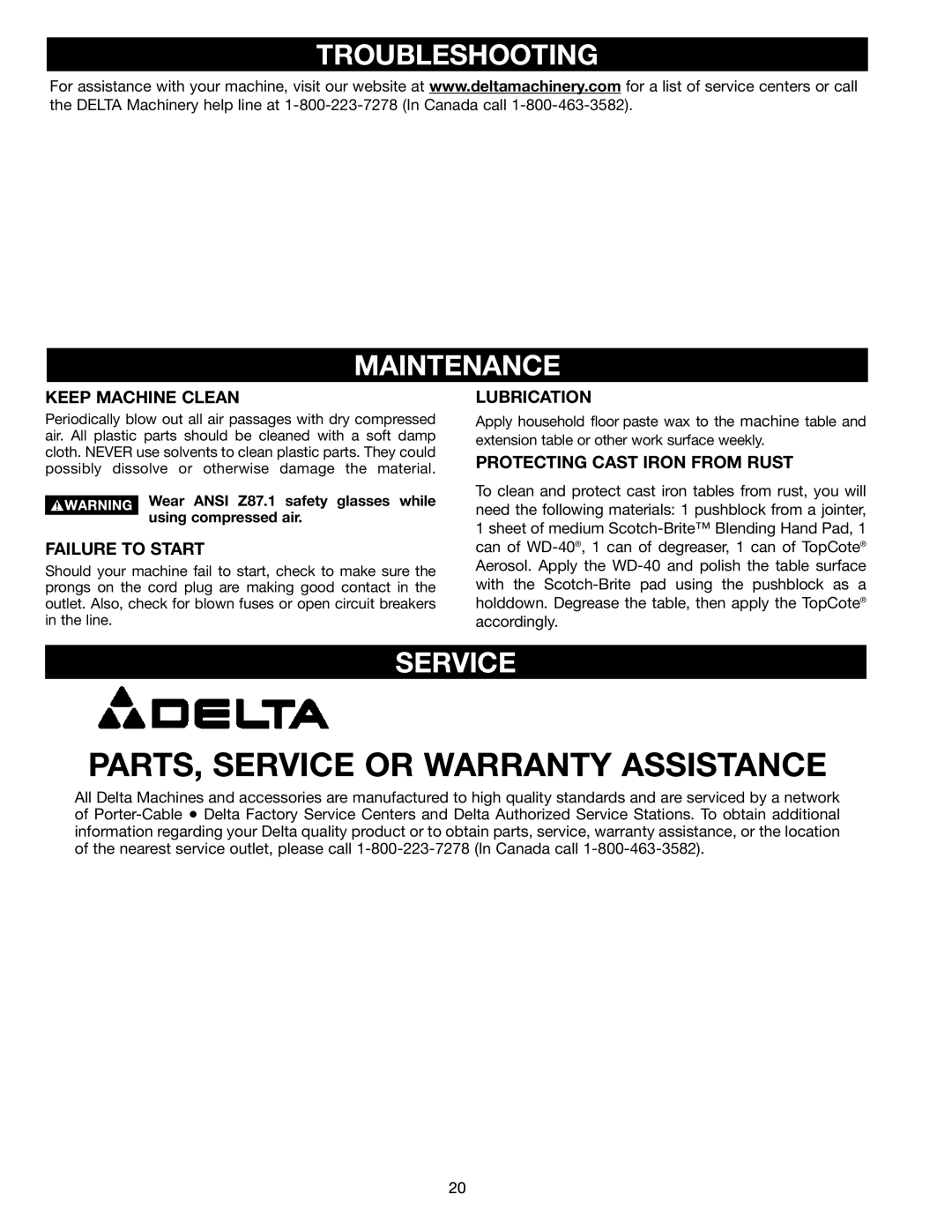 Delta (Model 31-300) instruction manual Troubleshooting Maintenance, Service 