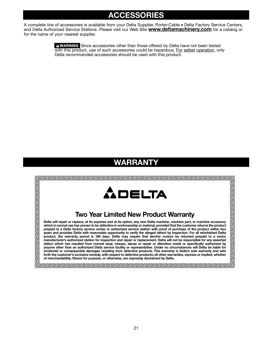 Delta (Model 31-300) instruction manual Accessories, Warranty 