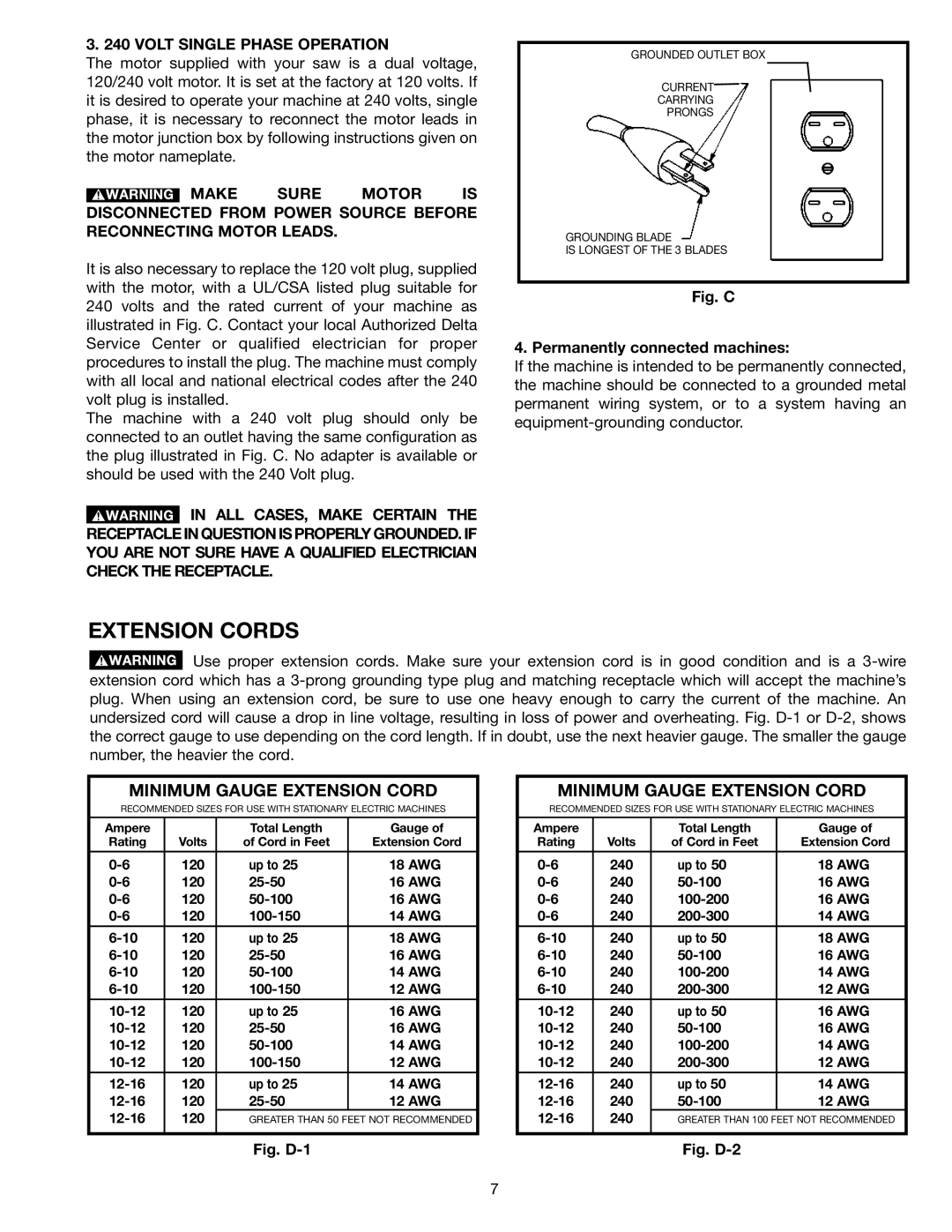 Delta (Model 31-300) instruction manual Extension Cords, Volt Single Phase Operation 