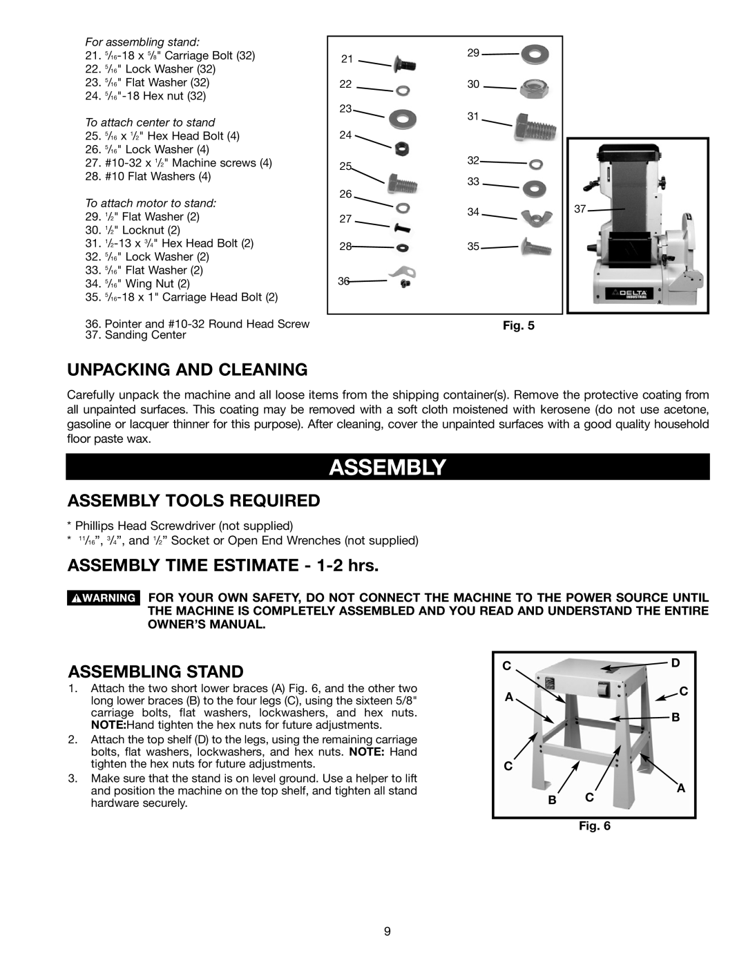 Delta (Model 31-300) instruction manual Unpacking and Cleaning, Assembly Tools Required, Assembling Stand 