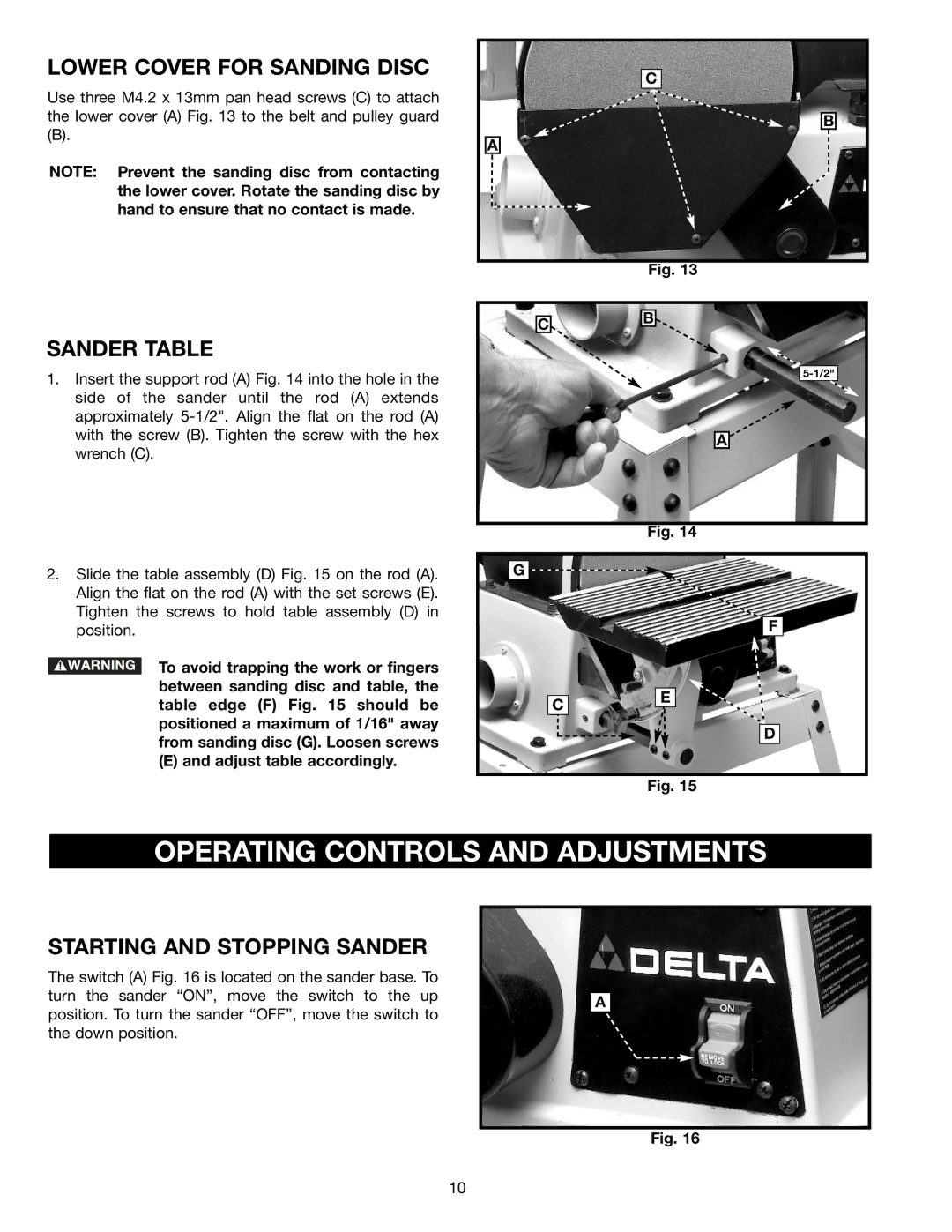 Delta (Model 31-695) instruction manual Operating Controls and Adjustments, Lower Cover for Sanding Disc, Sander Table 