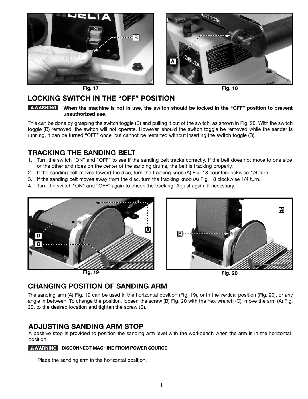 Delta (Model 31-695) Locking Switch in the OFF Position, Tracking the Sanding Belt, Changing Position of Sanding ARM 