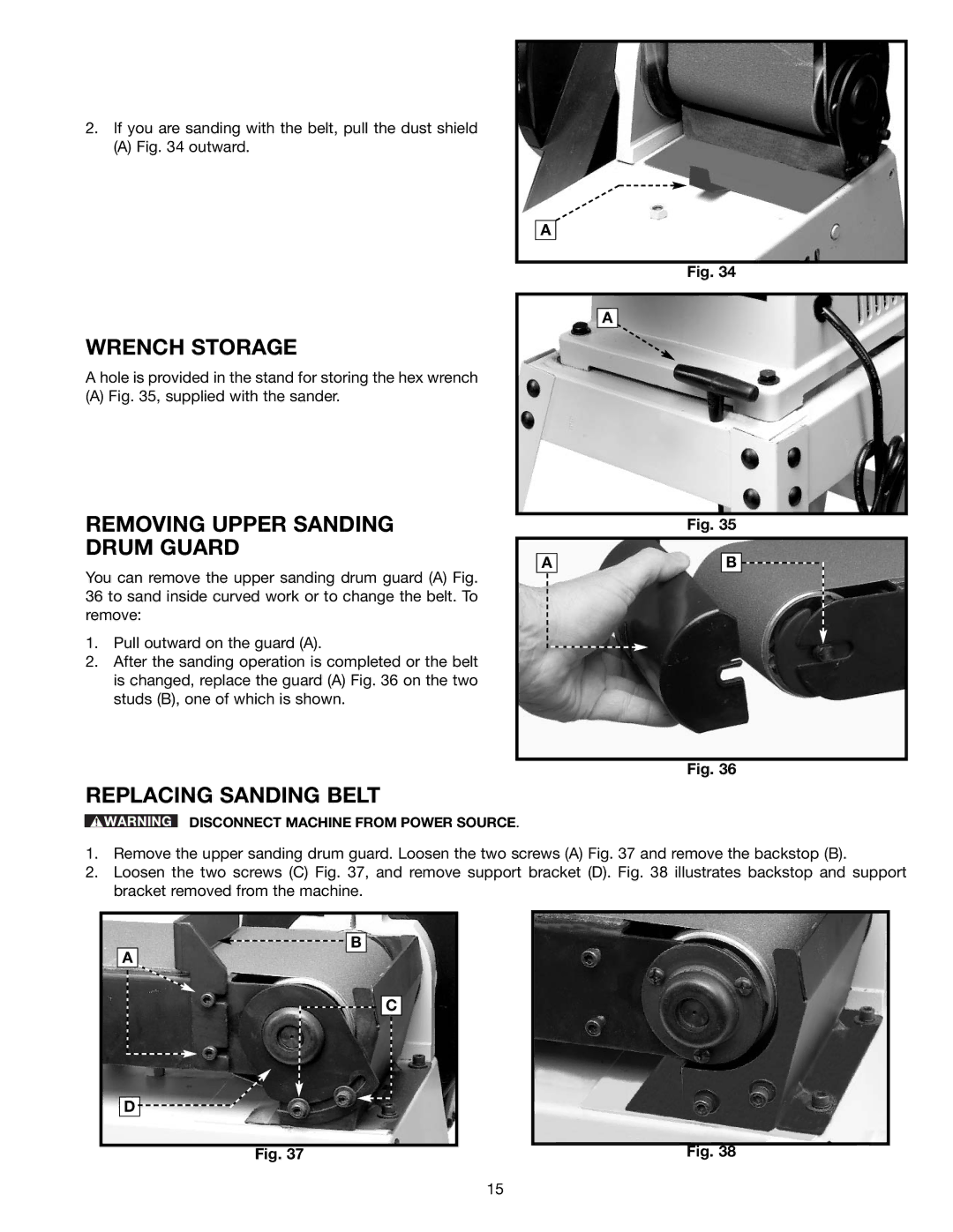 Delta (Model 31-695) instruction manual Wrench Storage, Removing Upper Sanding Drum Guard, Replacing Sanding Belt 