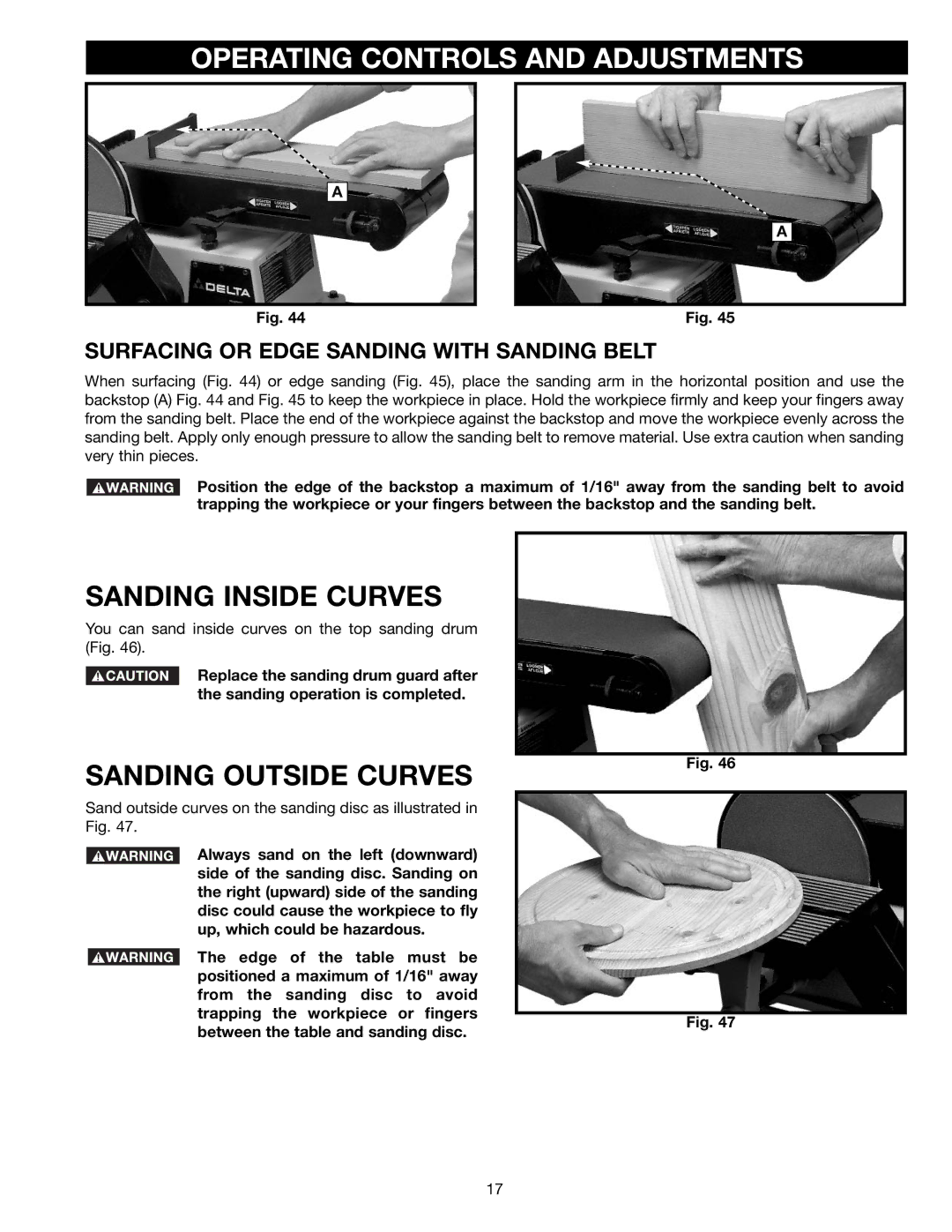 Delta (Model 31-695) Sanding Inside Curves, Sanding Outside Curves, Surfacing or Edge Sanding with Sanding Belt 