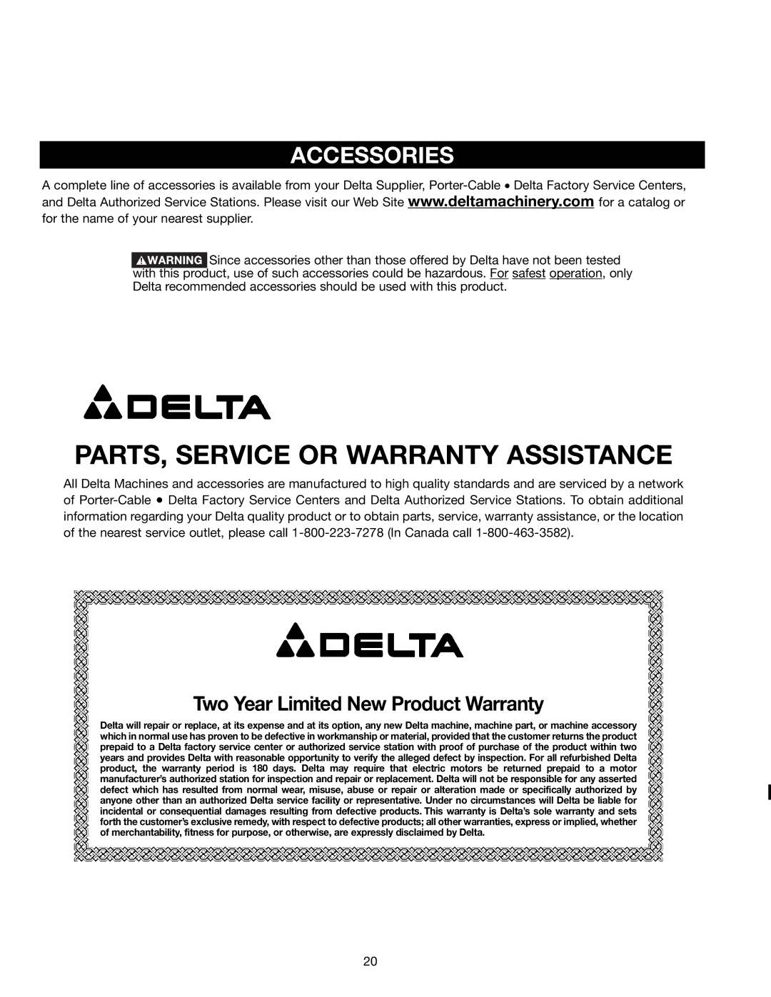 Delta (Model 31-695) instruction manual PARTS, Service or Warranty Assistance, Accessories 