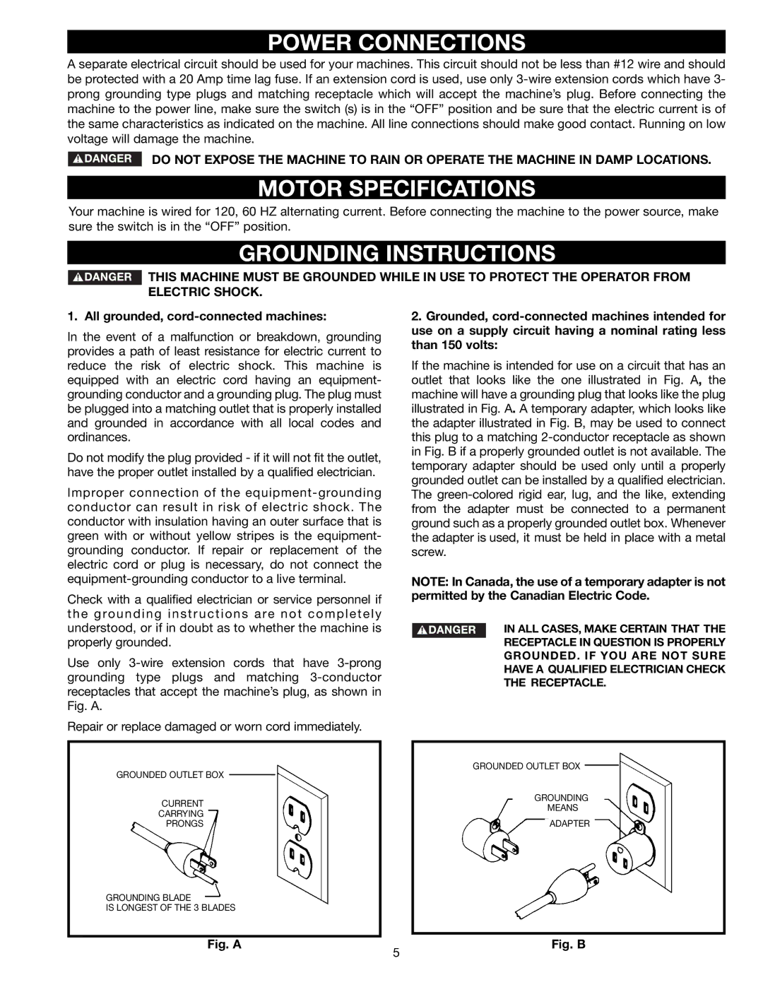 Delta (Model 31-695) instruction manual Power Connections, Motor Specifications, Grounding Instructions 