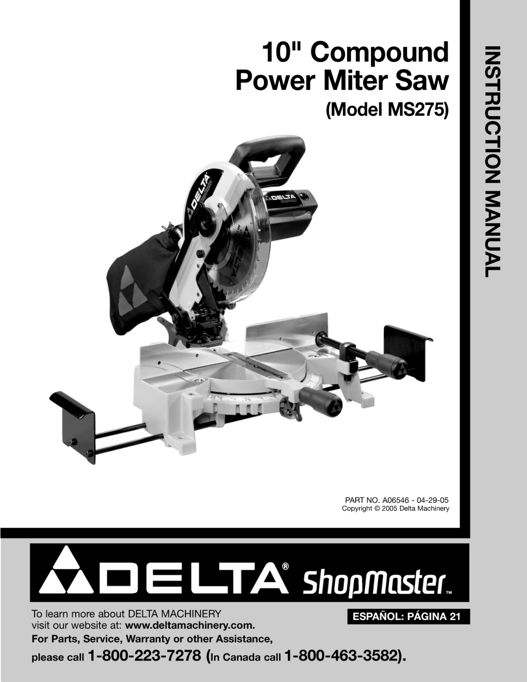 Delta MS275 instruction manual Compound Power Miter Saw 