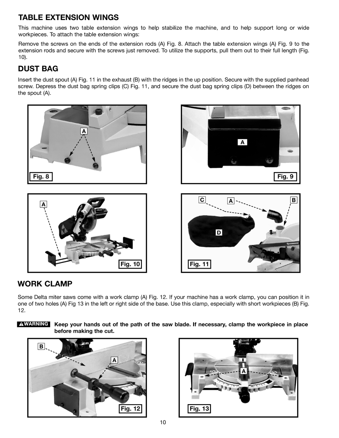 Delta MS275 instruction manual Table Extension Wings, Dust BAG, Work Clamp 