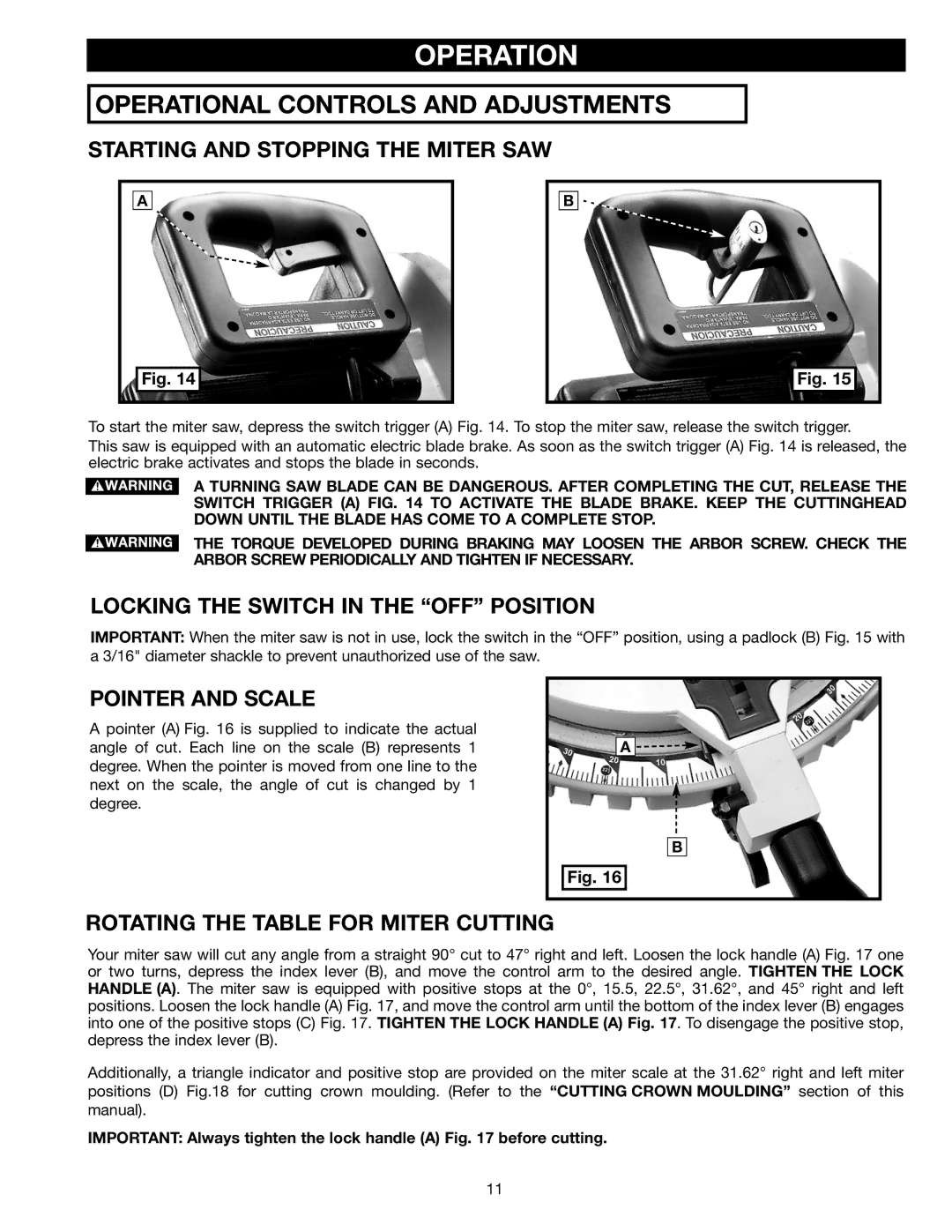 Delta MS275 Operation, Starting and Stopping the Miter SAW, Locking the Switch in the OFF Position, Pointer and Scale 