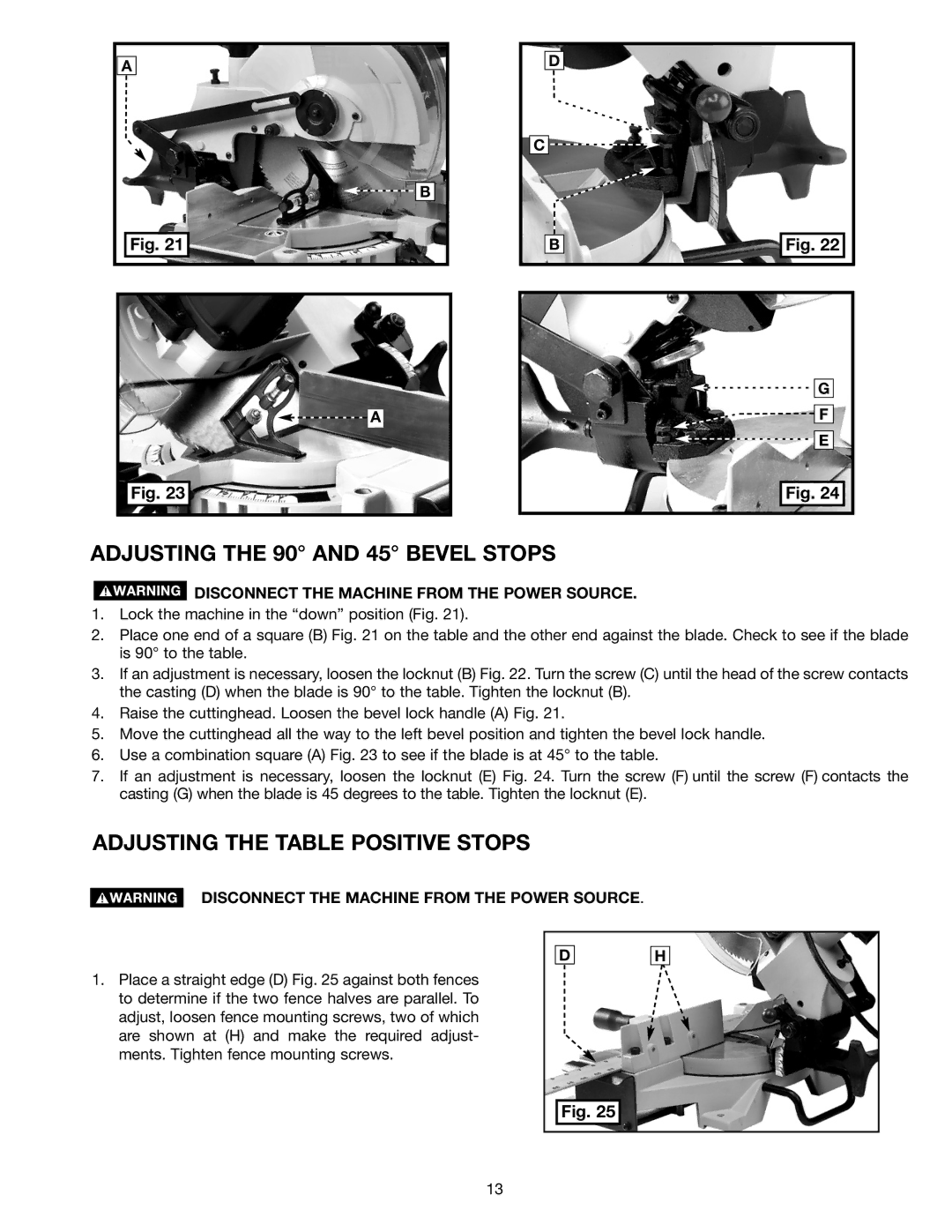 Delta MS275 instruction manual Adjusting the 90 and 45 Bevel Stops, Adjusting the Table Positive Stops 