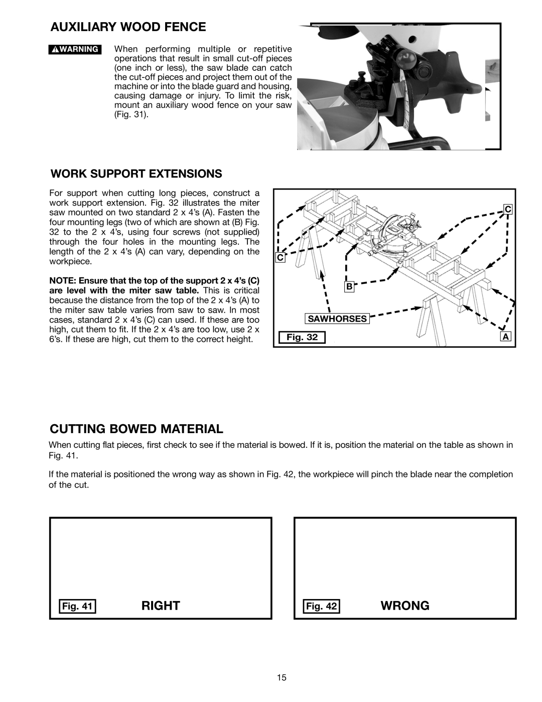 Delta MS275 instruction manual Auxiliary Wood Fence, Cutting Bowed Material, Right Wrong, Sawhorses 