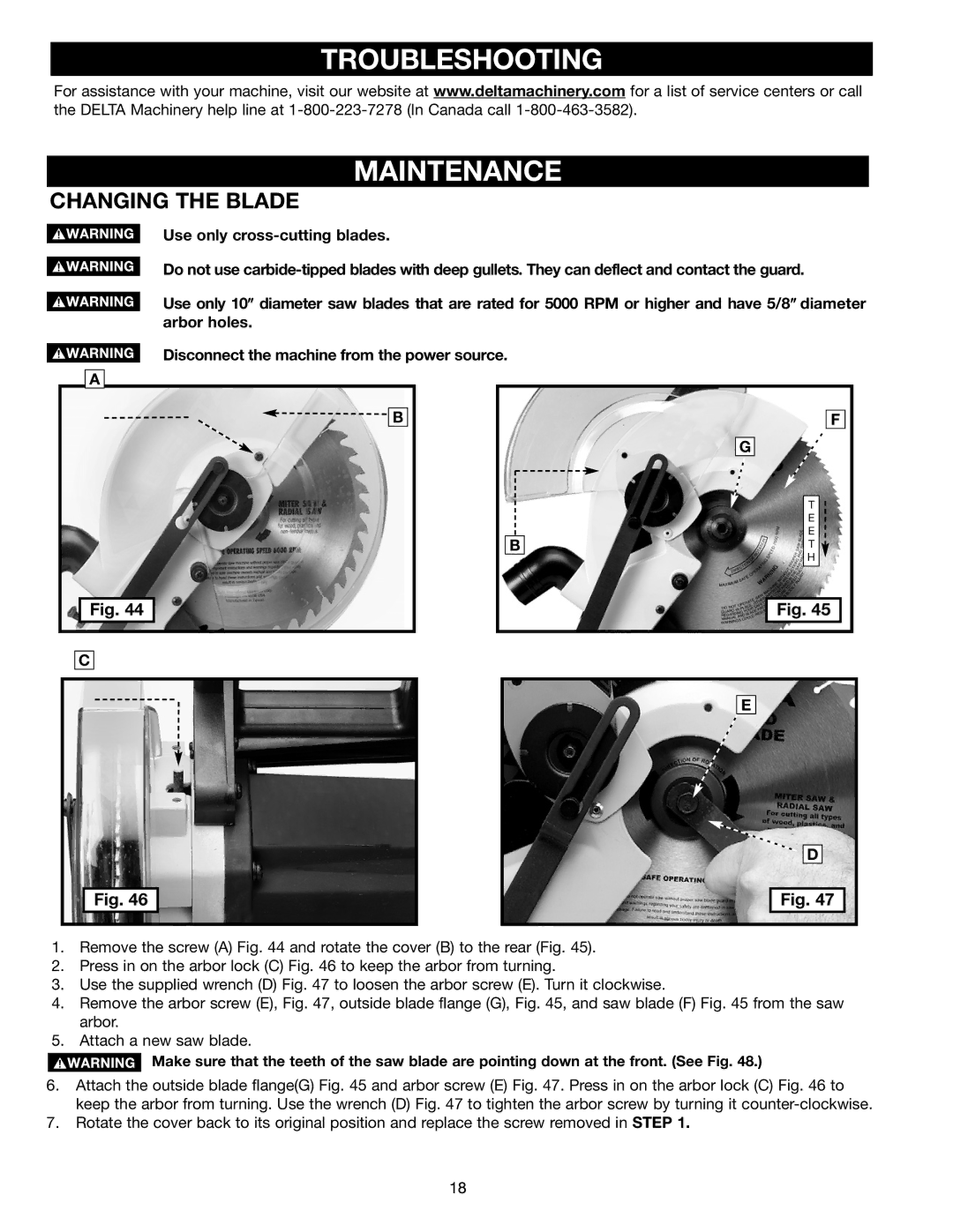 Delta MS275 instruction manual Troubleshooting Maintenance, Changing the Blade 