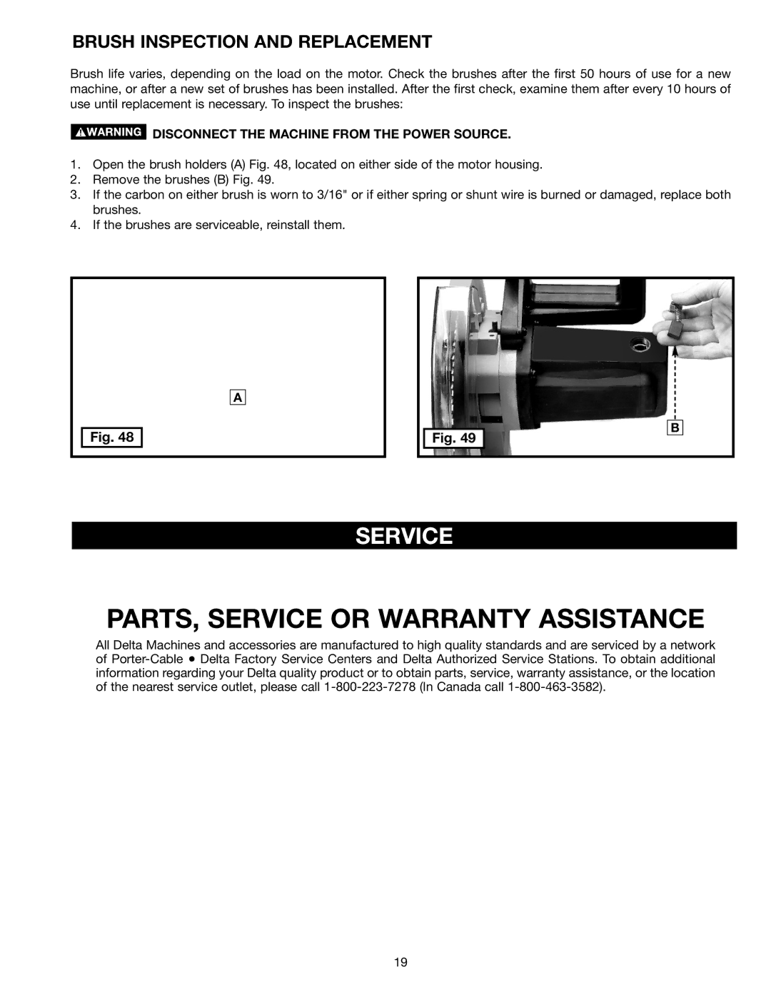 Delta MS275 instruction manual Service, Brush Inspection and Replacement 