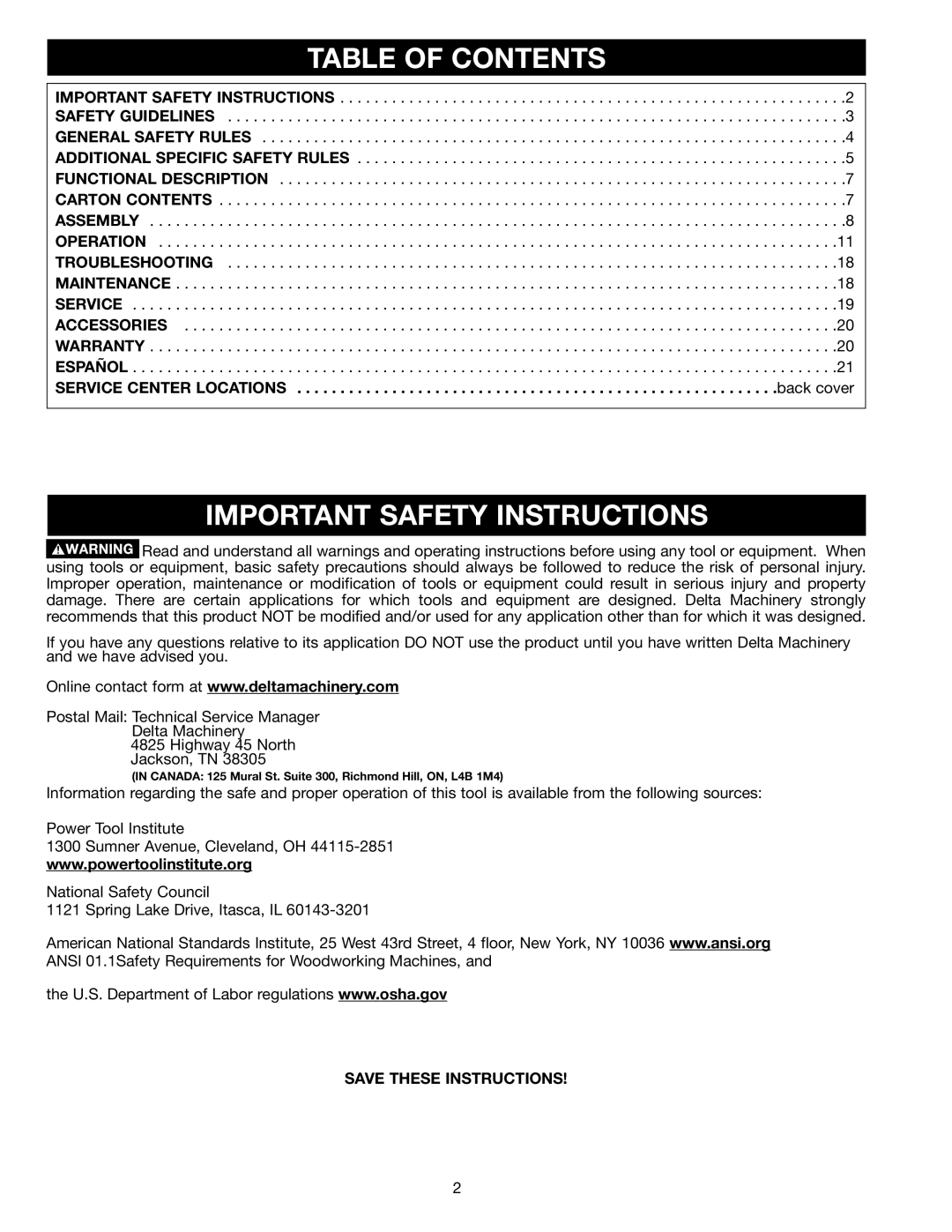 Delta MS275 instruction manual Table of Contents, Important Safety Instructions 