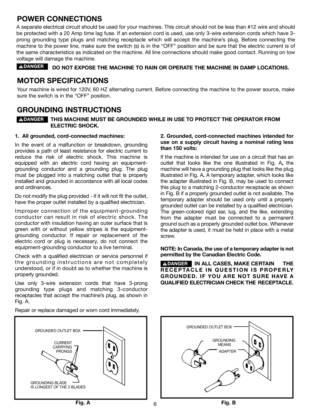 Delta MS275 instruction manual Power Connections, Motor Specifications, Grounding Instructions 