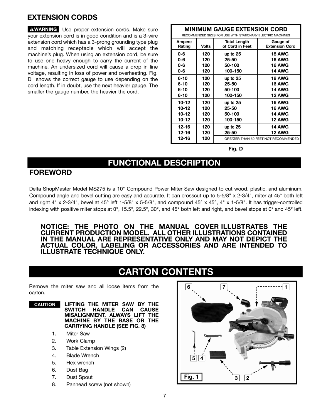 Delta MS275 instruction manual Carton Contents 