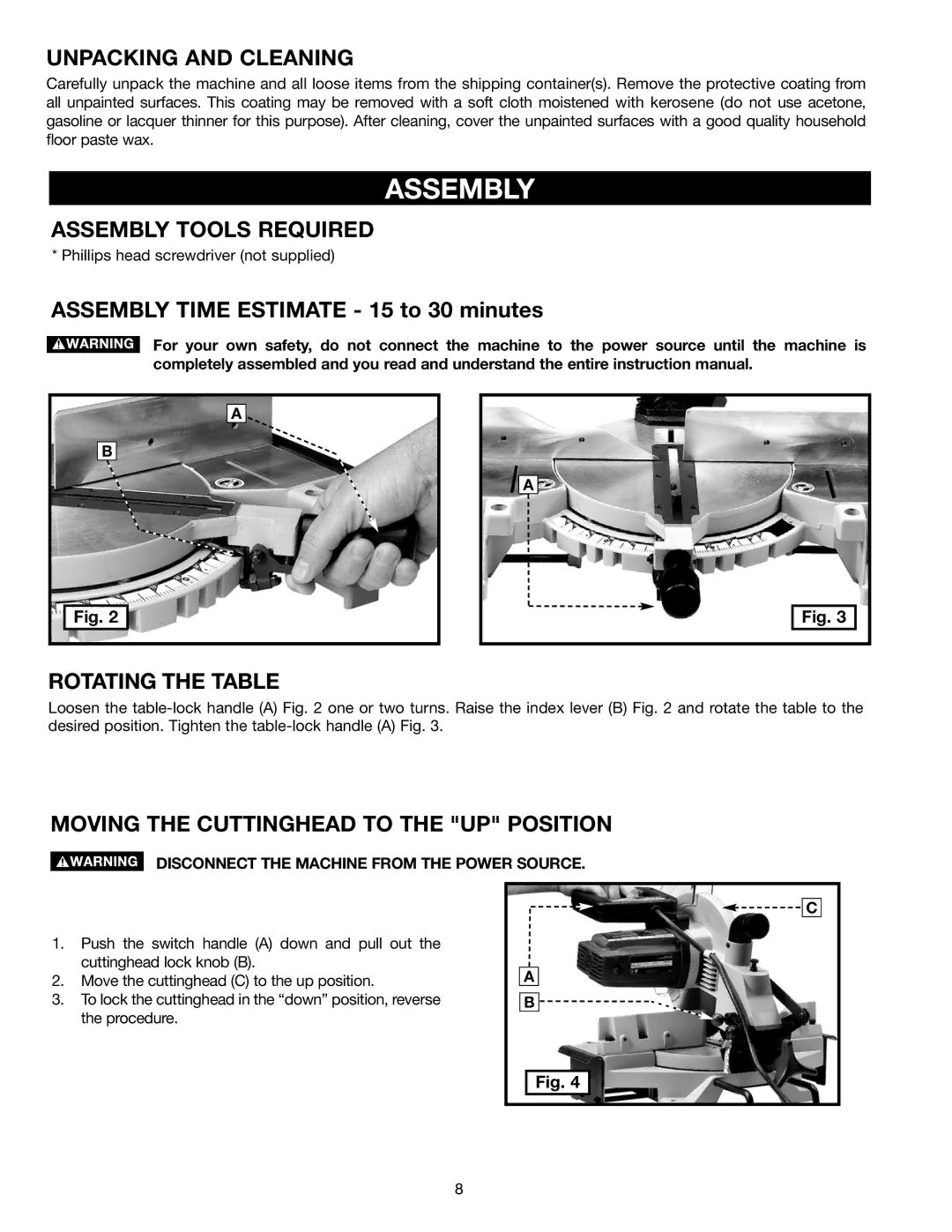 Delta MS275 instruction manual Unpacking and Cleaning, Assembly Tools Required, Rotating the Table 