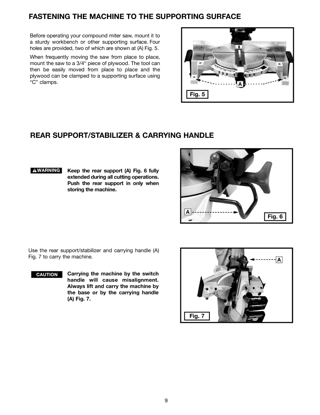 Delta MS275 instruction manual Fastening the Machine to the Supporting Surface, Rear SUPPORT/STABILIZER & Carrying Handle 