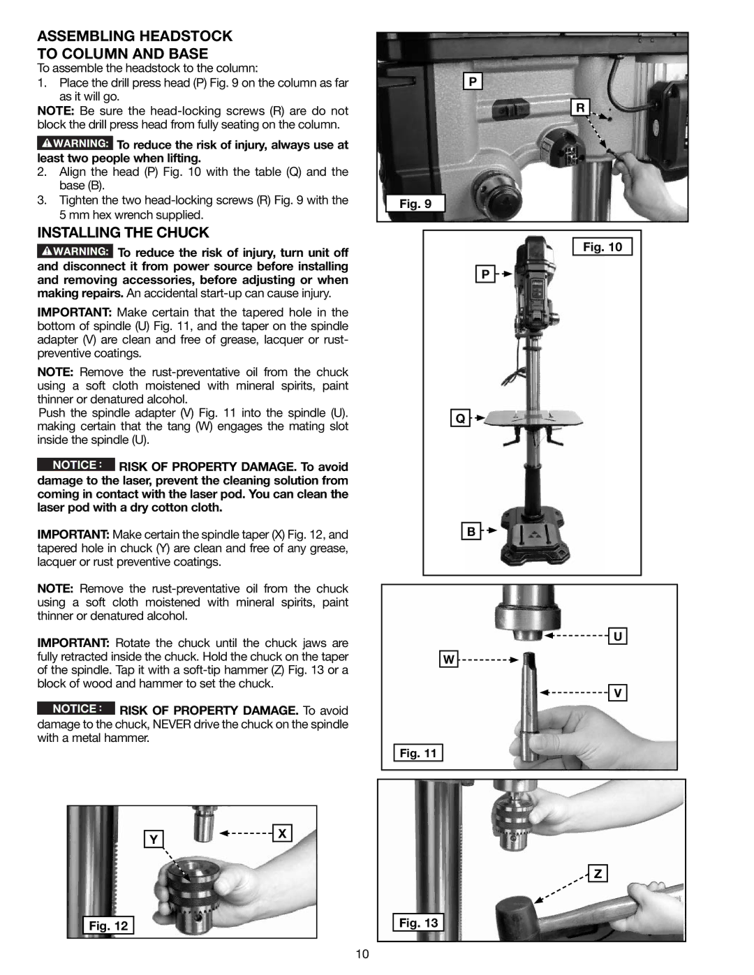 Delta N081935, 18-900L instruction manual Assembling Headstock To Column and Base, Installing the Chuck 