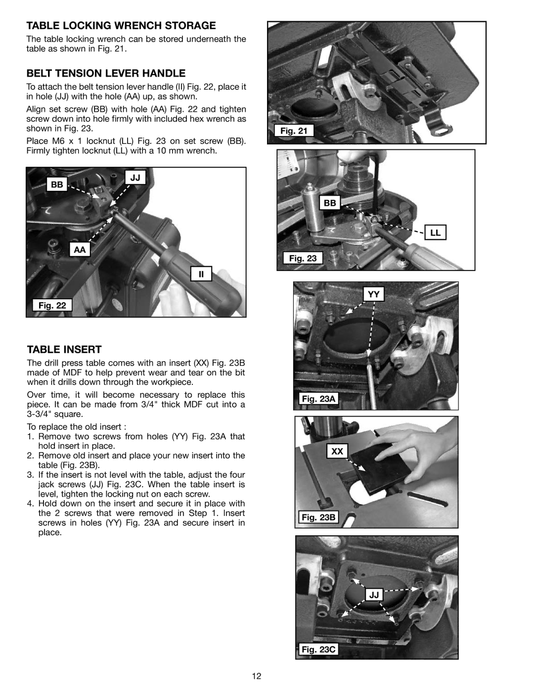 Delta N081935, 18-900L instruction manual Table Locking Wrench Storage, Belt Tension Lever Handle, Table Insert 