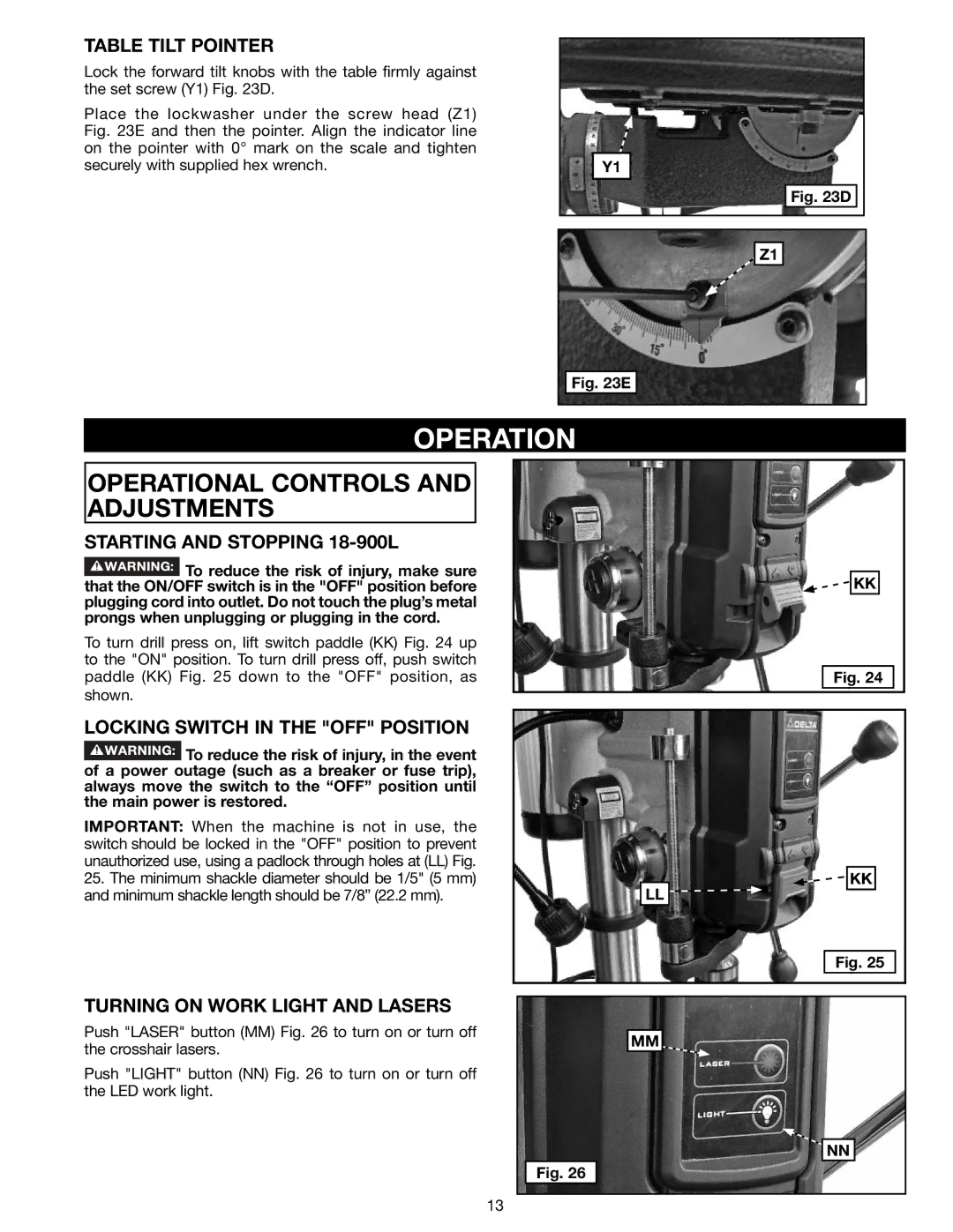 Delta N081935 Operation, Table Tilt Pointer, Starting and Stopping 18-900L, Locking Switch in the OFF Position 