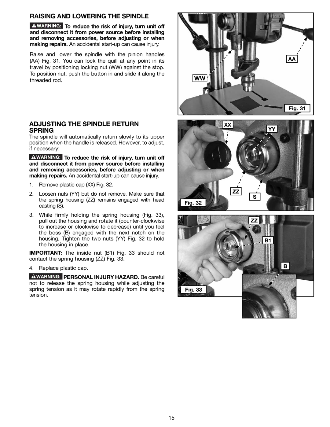 Delta 18-900L, N081935 instruction manual Raising and Lowering the Spindle, Adjusting the Spindle Return Spring 