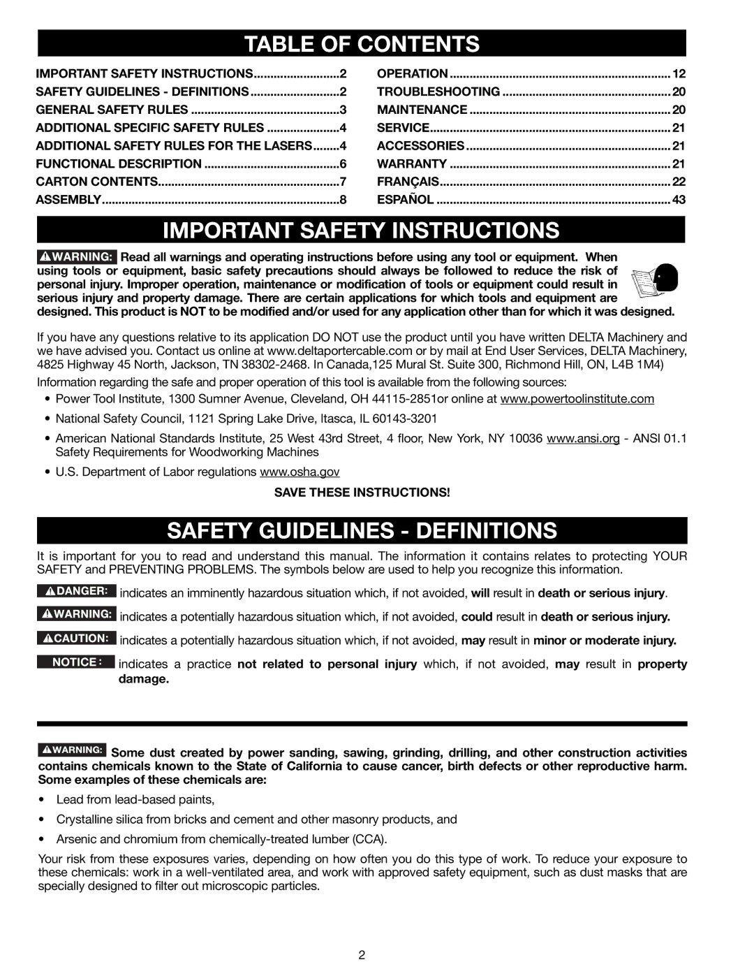 Delta N081935, 18-900L instruction manual Table of Contents, Important Safety Instructions, Safety Guidelines Definitions 