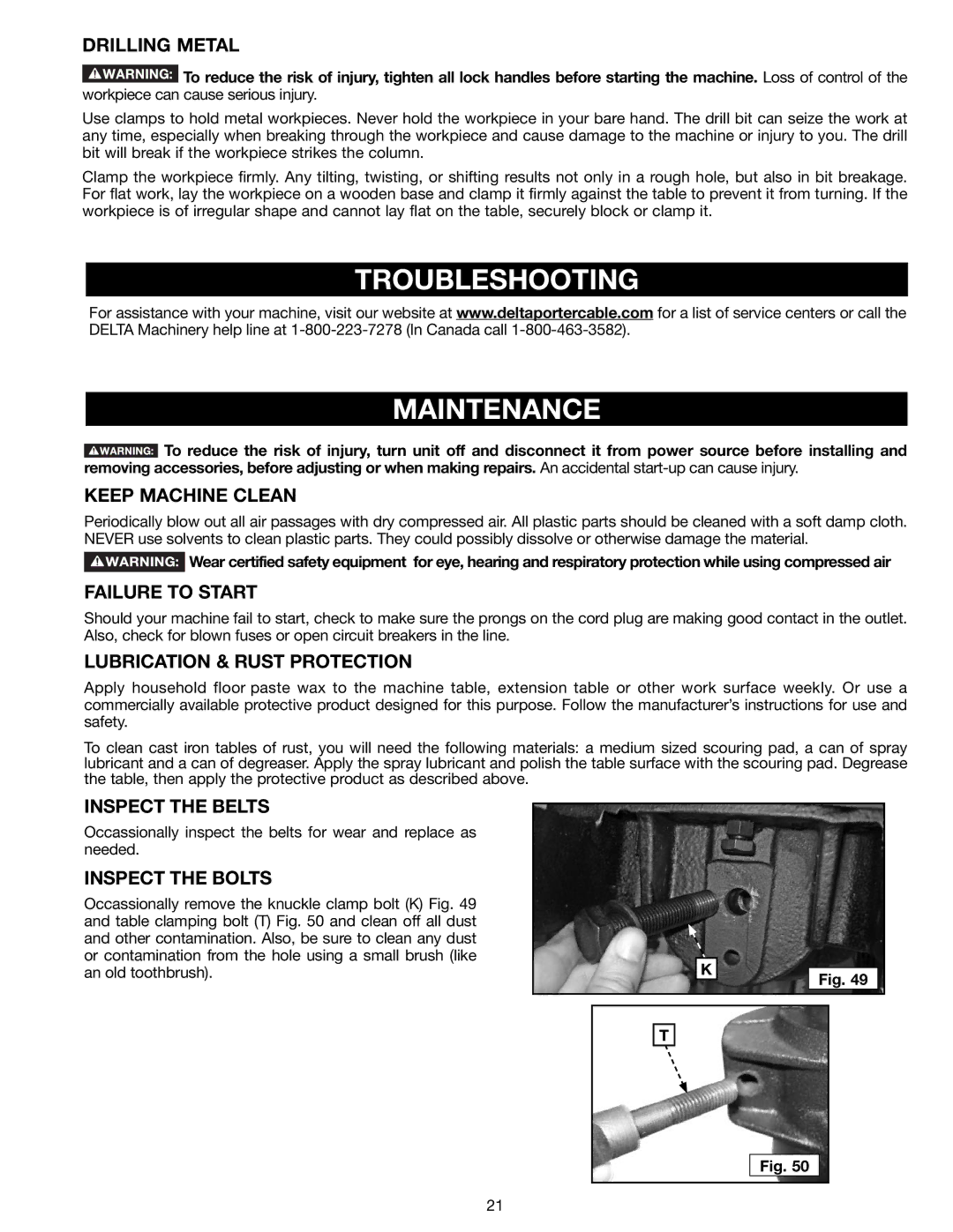 Delta 18-900L, N081935 instruction manual Troubleshooting Maintenance 