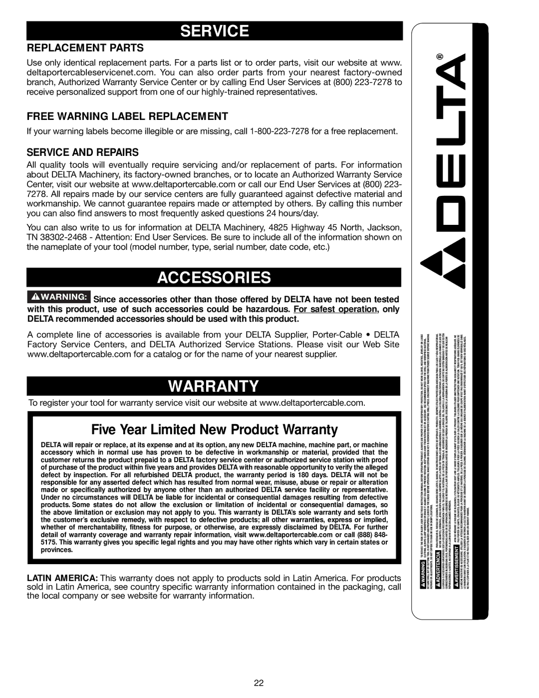 Delta N081935, 18-900L Accessories, Warranty, Replacement Parts Free Warning Label Replacement, Service and Repairs 