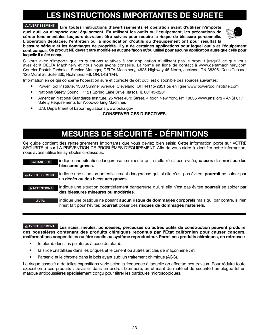 Delta 18-900L, N081935 instruction manual LES Instructions Importantes DE Surete, Mesures DE Sécurité Définitions 