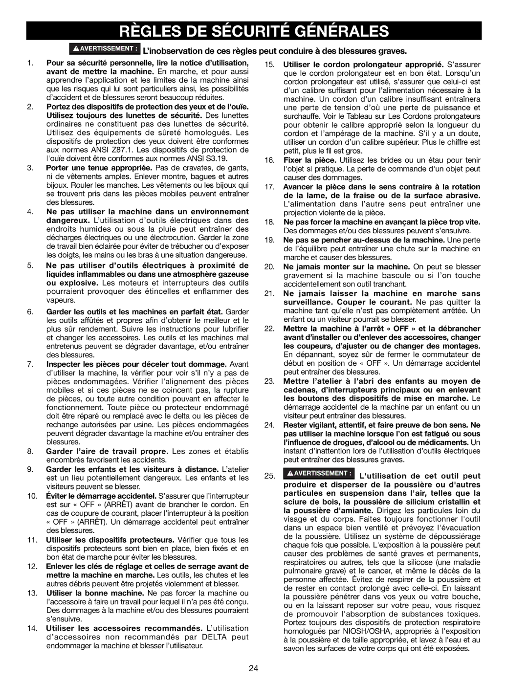 Delta N081935, 18-900L instruction manual Règles DE Sécurité Générales 