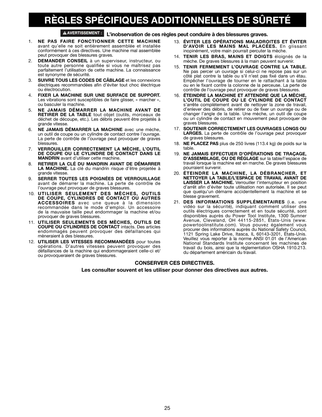 Delta 18-900L, N081935 instruction manual Règles Spécifiques Additionnelles DE Sûreté 