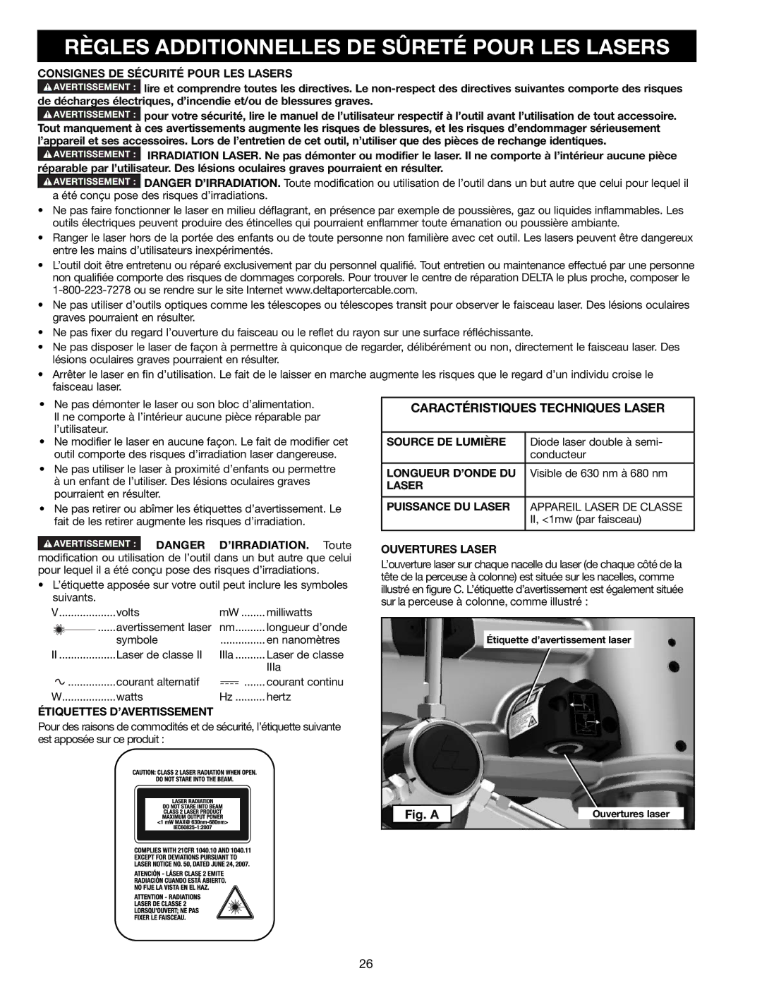 Delta N081935, 18-900L instruction manual Règles Additionnelles DE Sûreté Pour LES Lasers 