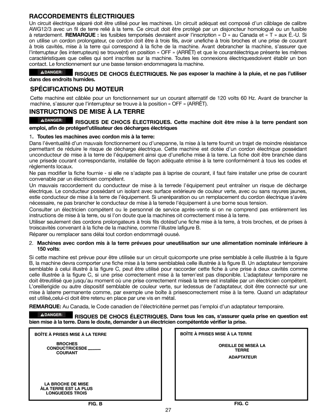 Delta 18-900L, N081935 Raccordements Électriques, Spécifications DU Moteur, Instructions DE Mise À LA Terre 