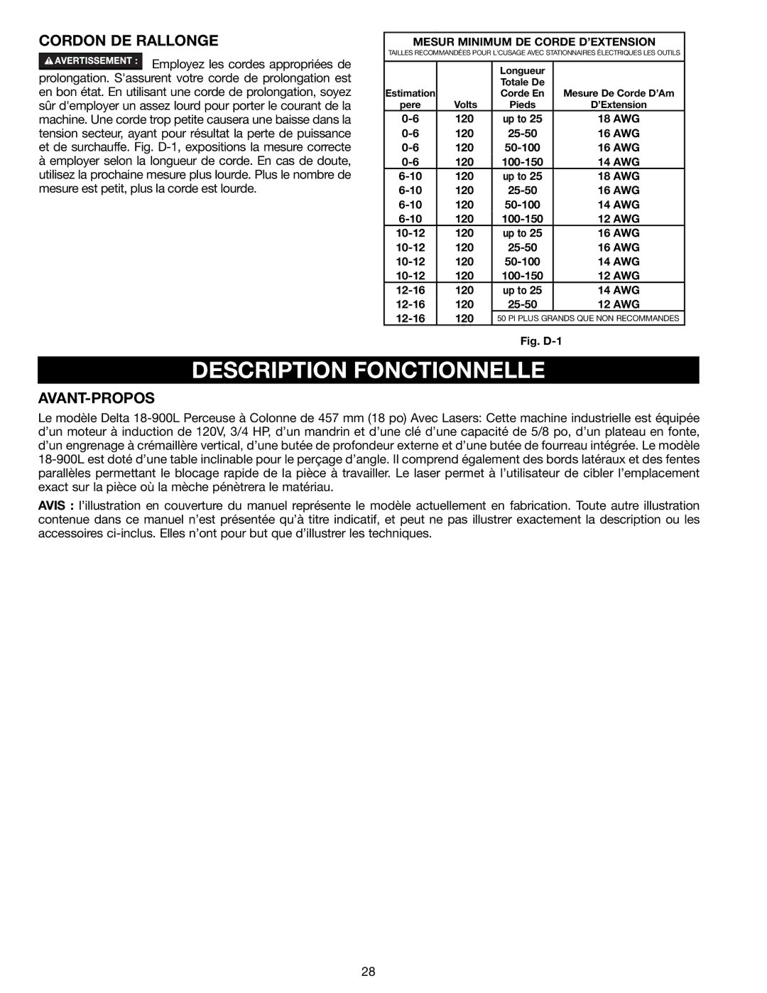 Delta N081935, 18-900L instruction manual Description Fonctionnelle, Cordon DE Rallonge, Avant-Propos 