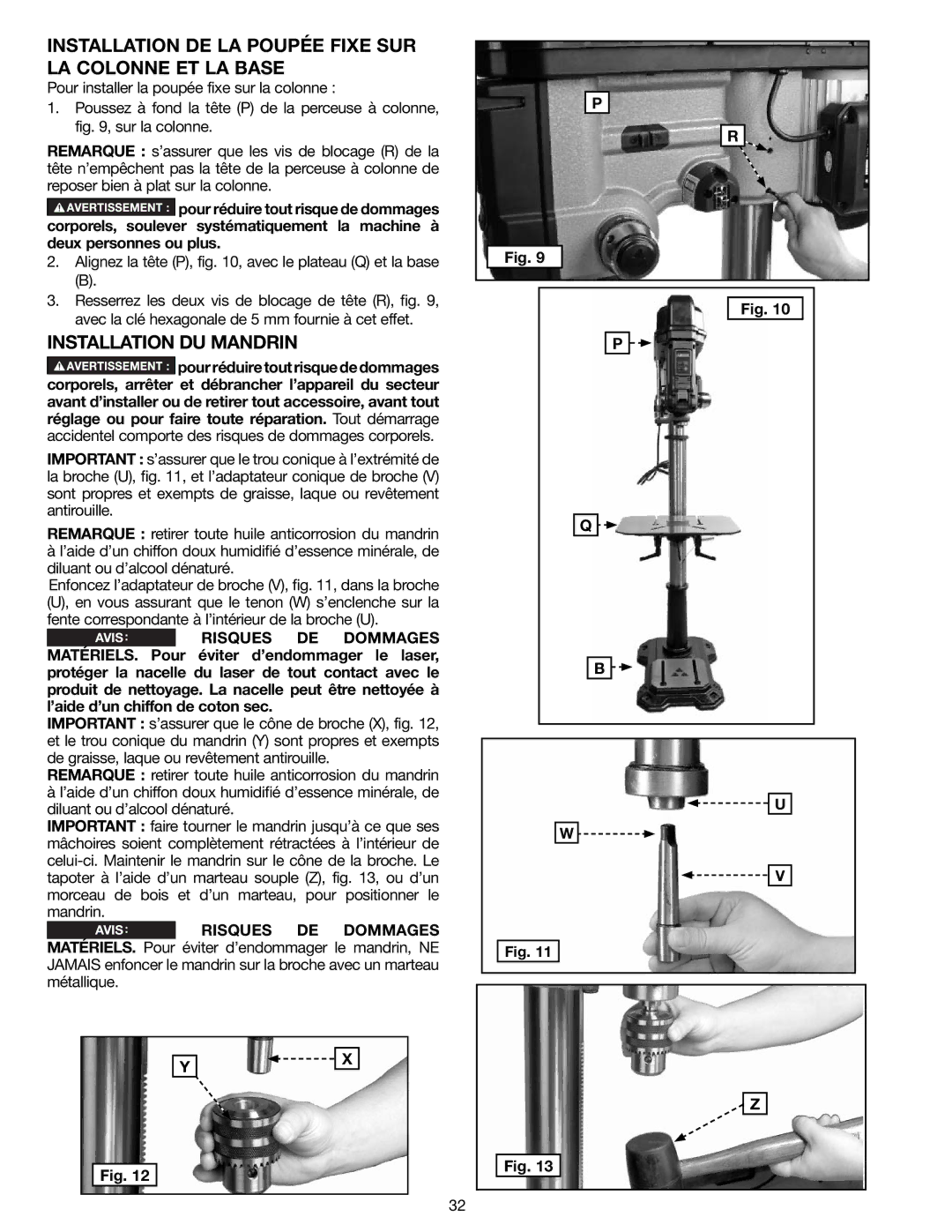 Delta N081935, 18-900L instruction manual Installation DE LA Poupée Fixe SUR LA Colonne ET LA Base, Installation DU Mandrin 